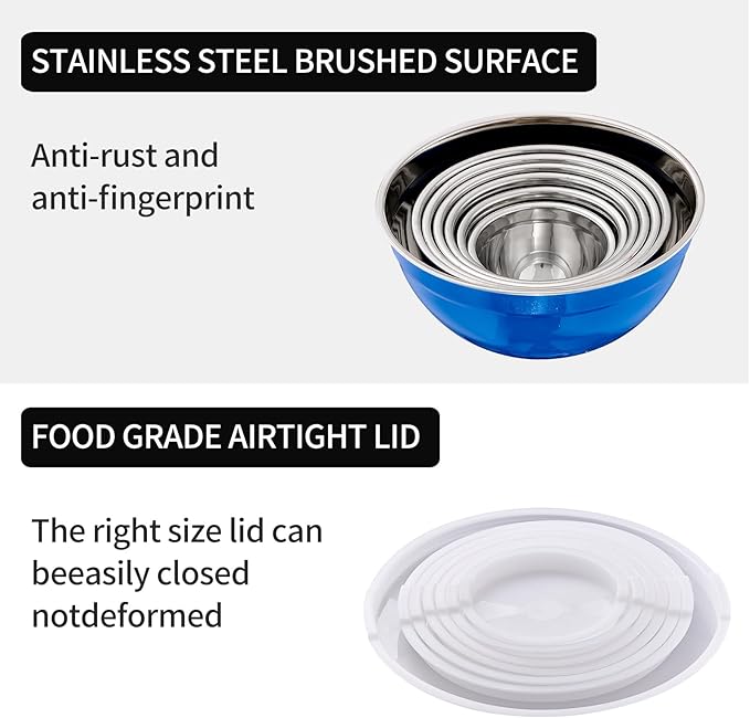 Blue Mixing Bowls with Lids Set of 7, Stainless Steel Nesting Bowl with Khaki Lid for Non-slip Mixing Prepping Storing Serving, 7 Sizes-7/3.6/2.7/2.1/1.5/1/0.8 QT