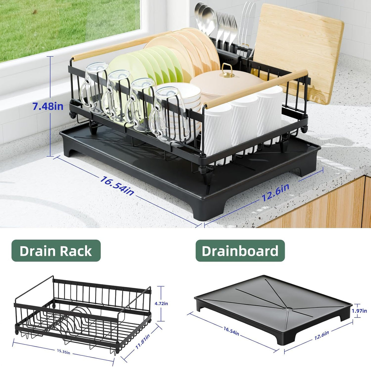Dish Drying Rack, Drying Rack with Automatic Drainboard, Dish Racks for Kitchen Counter, Rustproof Dish Drainer with Removable Utensil Holder, Cups Holder,Black