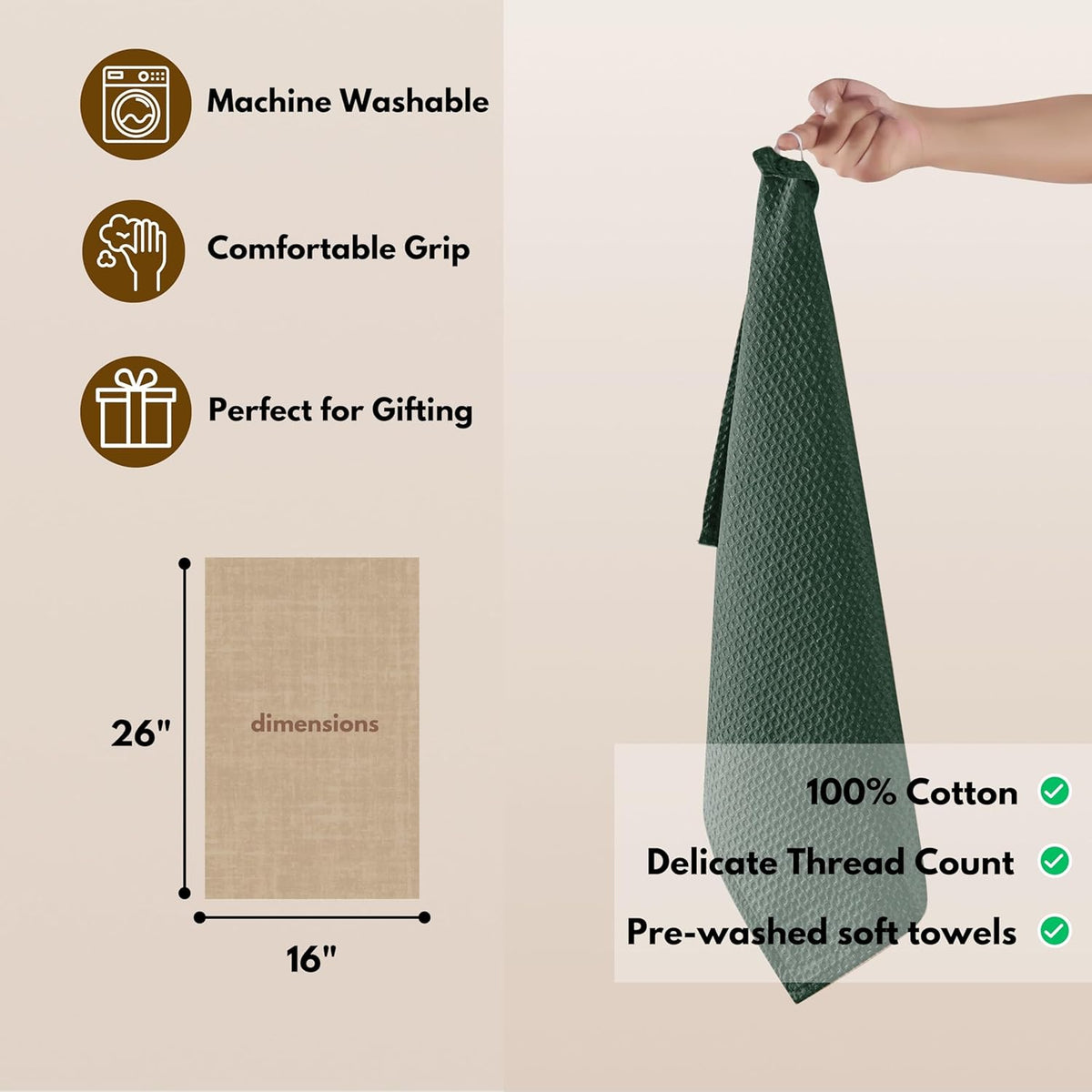 Native Fab Waffle 12 Pack 100% Cotton Easter Kitchen Dish Towels 16x26 Absorbent Durable Washable Tea Towels with Hanging Loop, Olive Green
