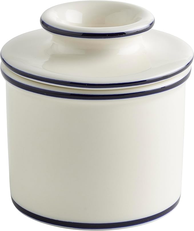 Butter Bell - The Original Butter Bell crock by L Tremain, a Countertop French Ceramic Butter Dish Keeper for Spreadable Butter, Le Bistro, White with Blue Trim