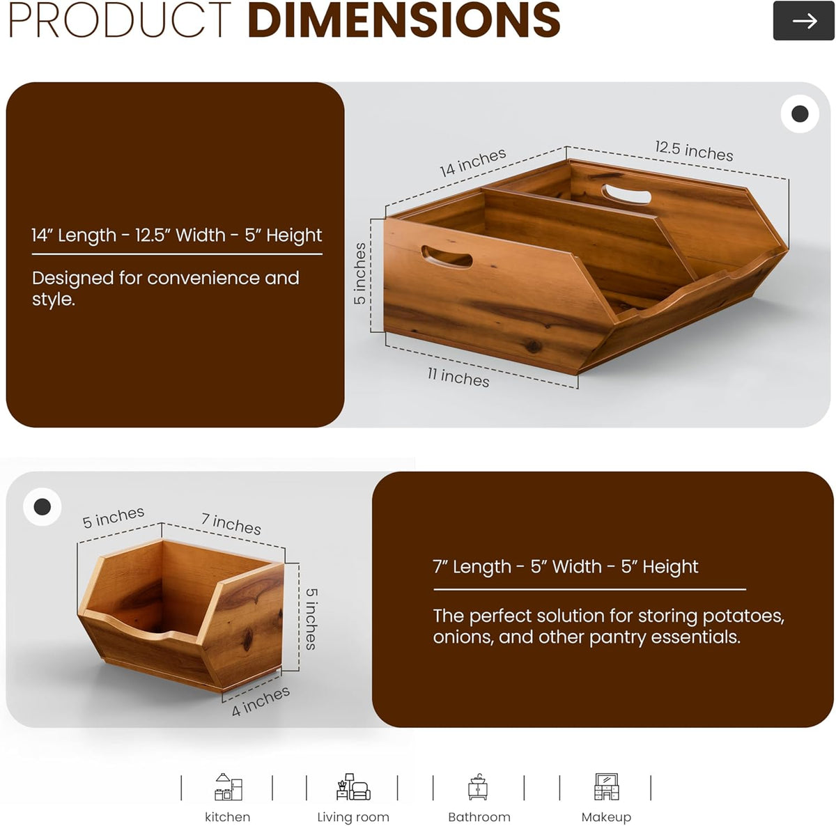 HOLANA Onion and Potato Storage Bins - Acacia Wood Pantry Baskets Organization and Storage - Wooden Stackable Baskets for Bread, Fruit, Vegetable - Onion Basket for Kitchen Counter (Patent Pending)