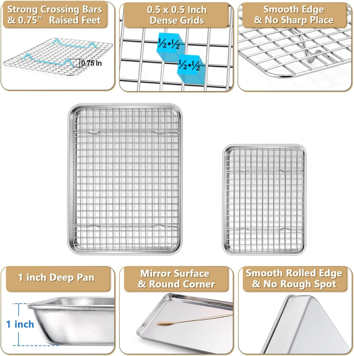 P&P CHEF 12.5 + 9 Inch Baking Sheet and Rack Set, Stainless Steel Cookie Sheets Oven Baking Pans Trays with Cooling Racks for Cooking & Roasting, Oven & Dishwasher Safe, (4Pcs)