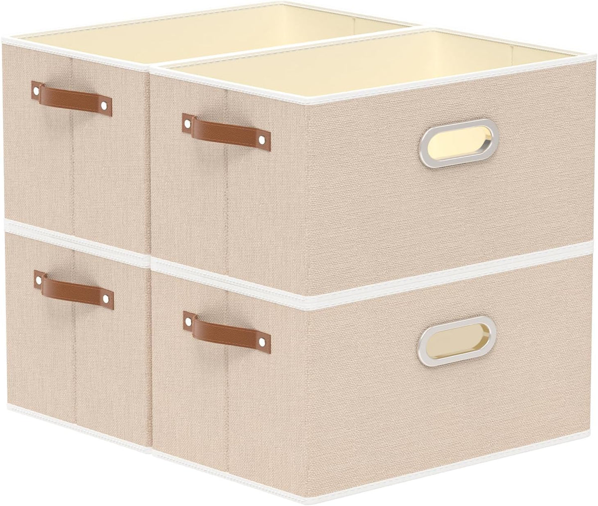 Yawinhe Collapsible Storage Box, Cube Storage Basket, Fabric Foldable Storage Bins Organizer Containers with Dual Leather Handles for Home Bedroom Closet Office,15.0 x 9.8 x 8.3 Inch, (Beige, 4-Pack)