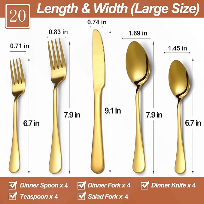 Lazycorner 20 Pcs Gold Silverware Set for 4, Food Grade Stainless Steel Flatware Set Include Fork/Knife/Spoon, Mirror Polished Eating Utensils Sets, Reusable Silverwear Cutlery Set, Dishwasher Safe