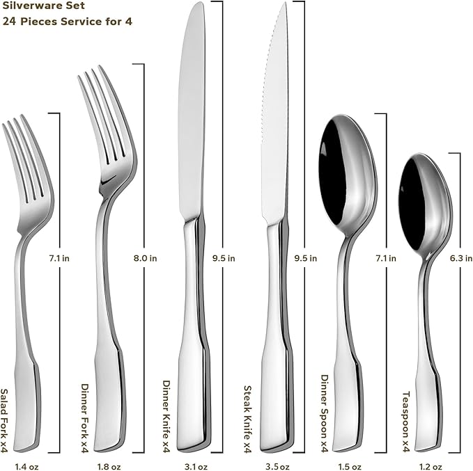 Alata Kate 24-Piece Silverware Set with Steak Knife, Stainless Steel Flatware Set Service for 4, Mirror Polished Cutlery Set Dishwasher Safe