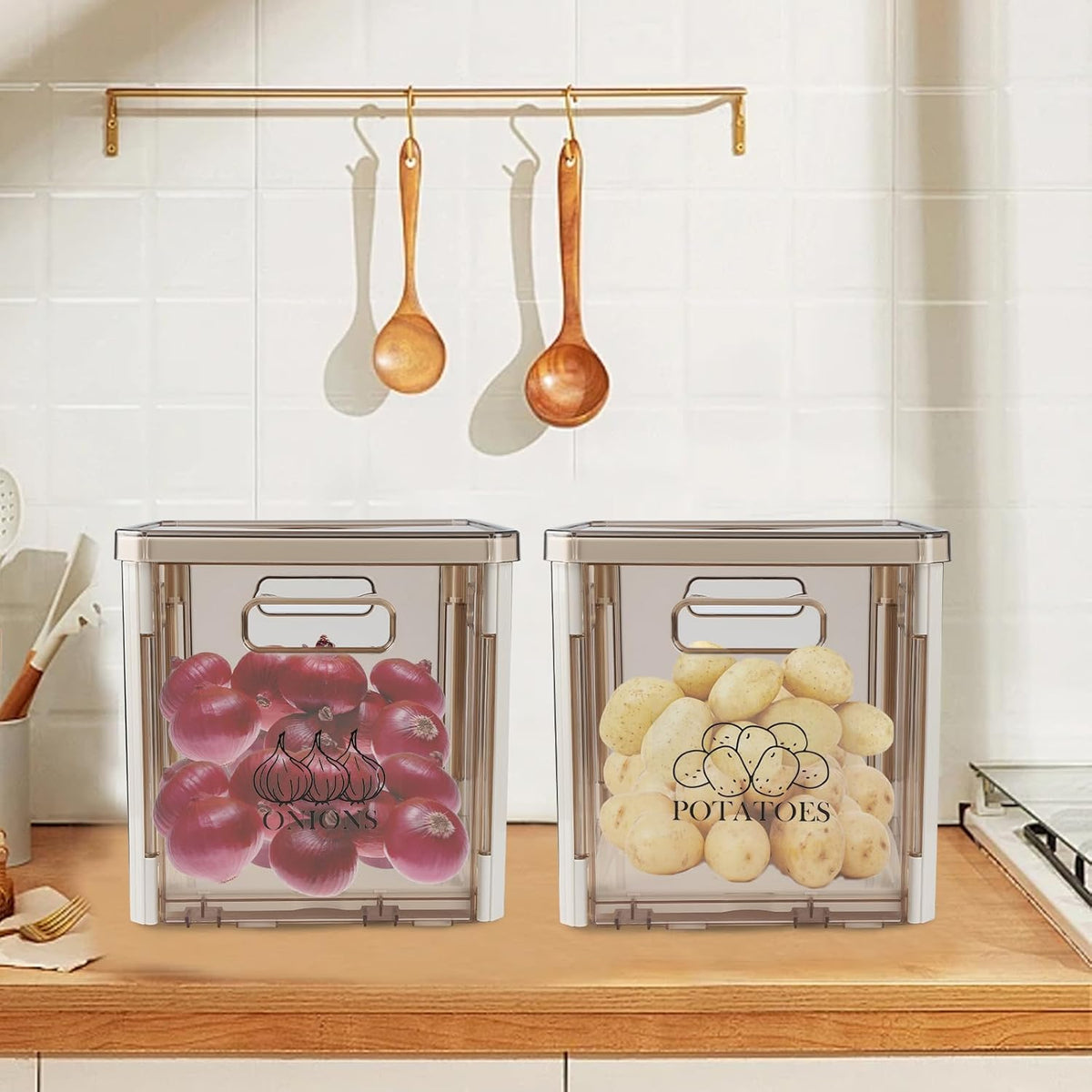Potato and Onion Storage, Clear Plastic Potato Bin Onion Holder with Lid and Handle, Stackable Vegetable Bin for Pantry Organizers and Storage, BPA Free, Set of 2