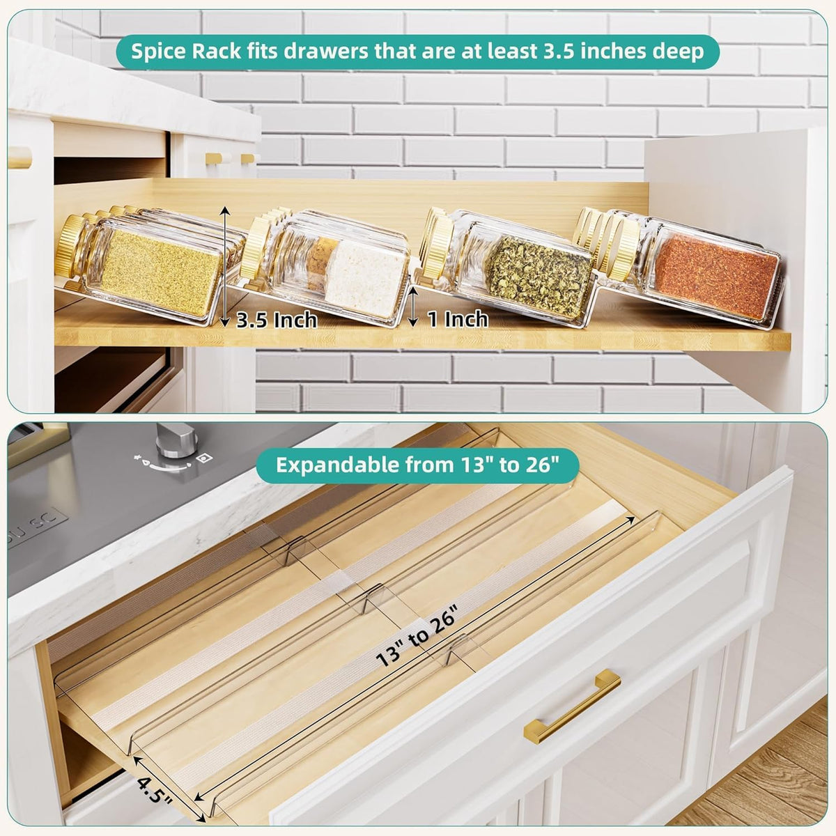 MIUKAA Acrylic Spice Drawer Organizer, 2 Tier - 4 Pack Seasoning Organizer for Drawer, Expandable From 13" to 26" Kitchen Drawer Spice Rack with Slip-Proof Mat (Jars not Included)