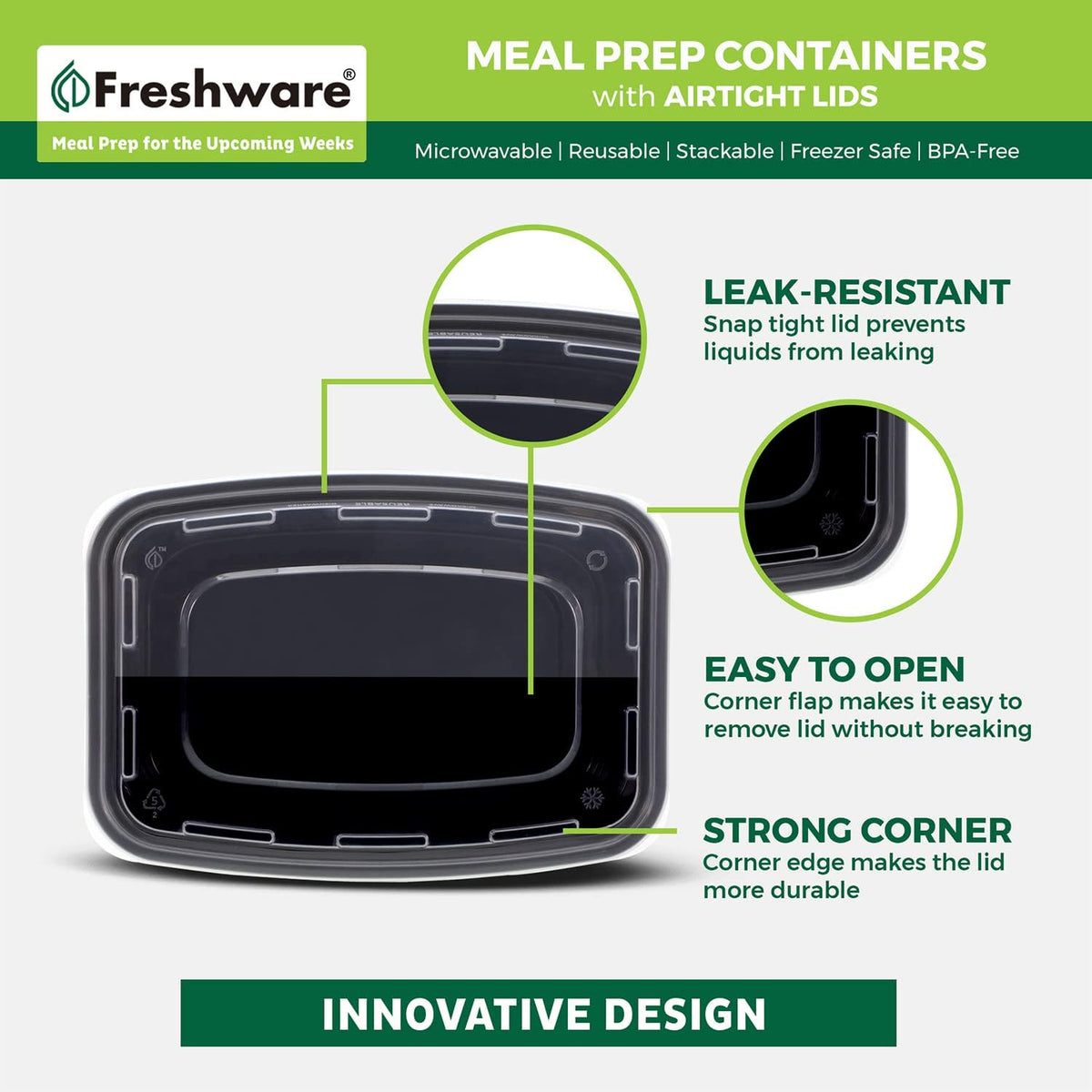 Freshware Meal Prep Containers [150 Pack] 1 Compartment with Lids, Food Storage Containers, Bento Box, BPA Free, Stackable, Microwave/Dishwasher/Freezer Safe (16 oz),Black