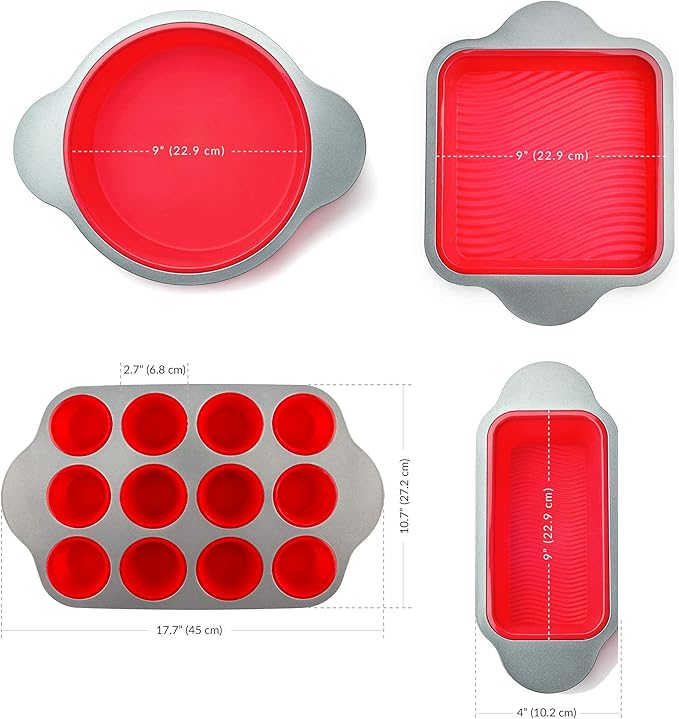 Boxiki Kitchen 13-Piece Non-Stick Silicone Bakeware Set with Cake Pan, Brownie Pan, Loaf Pan, Muffin Mold, Spatulas, Brush, and Measuring Spoons - Oven, Freezer and Dishwasher Safe