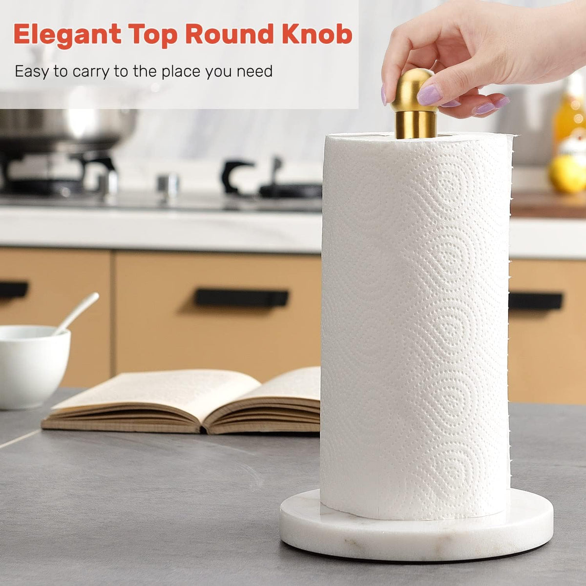 Heavy Weighted Paper Towel Holder, Easy One-Handed Design for Kitchen Stand Paper Towel Dispenser, Sturdy Base for Standard Paper Towel Rolls and Mega Paper Towel Roll (Gold Brushed)