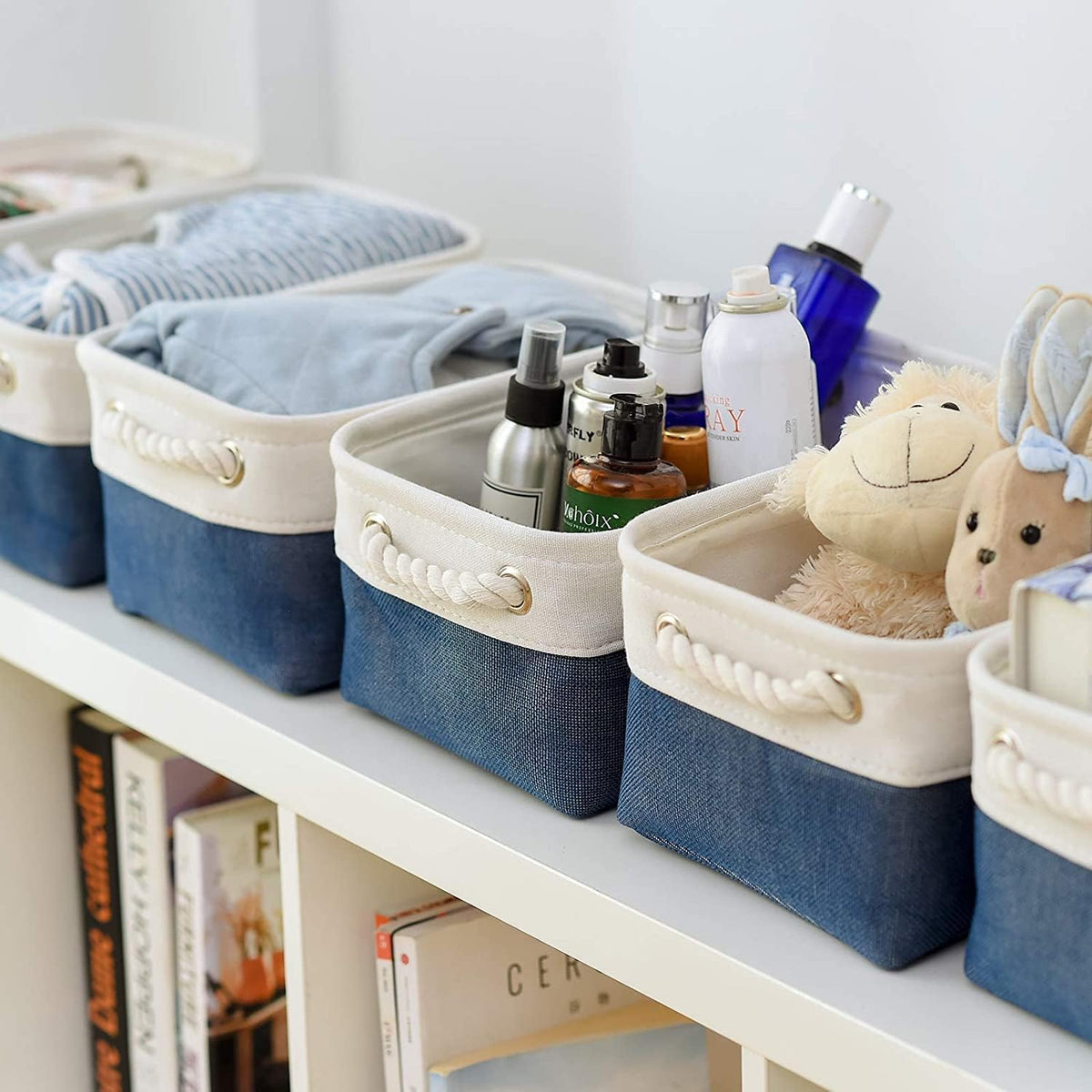 TheWarmHome Storage Basket for Organizing - Small 12x8x5.2 inch 6 Pack Collapsible Storage Bin for Shelves, Canves Storage Cubes for Organizer Cloth Box Gift Toys Closet (White & Jean Blue)