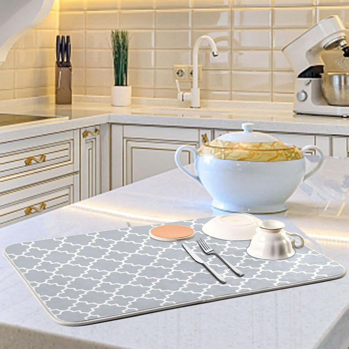 Senya Super Absorbent Dish Drying Mat, Microfiber Fast-Drying Dish Mat, 24'' x 18'', Kitchen Dish Drying Pad, Grey Moroccan, g295080429p523c558s1114