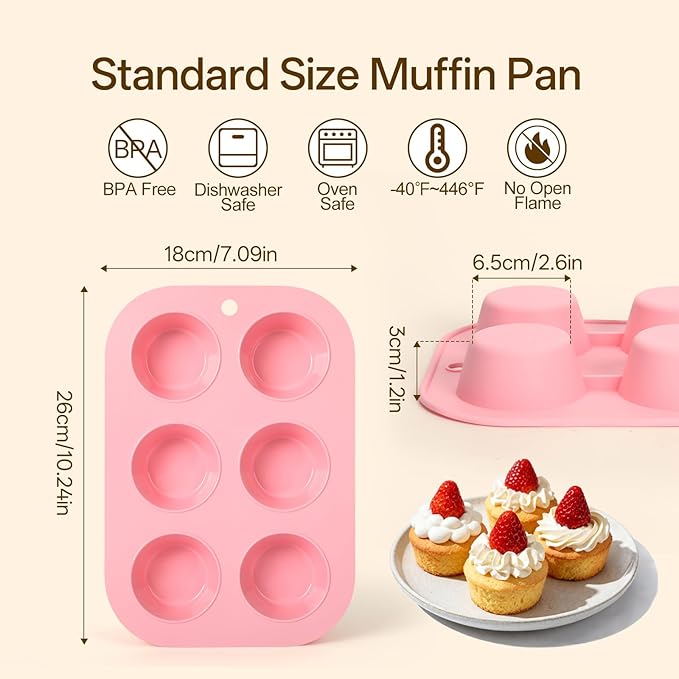 2 Pack Silicone Muffin Pan for Baking, Regular Size Nonstick Cupcake Pan, 6-Cup Silicone Muffin Tin BPA Free Dishwasher Safe, Great for Muffin Cupcake Brownie Egg Tart