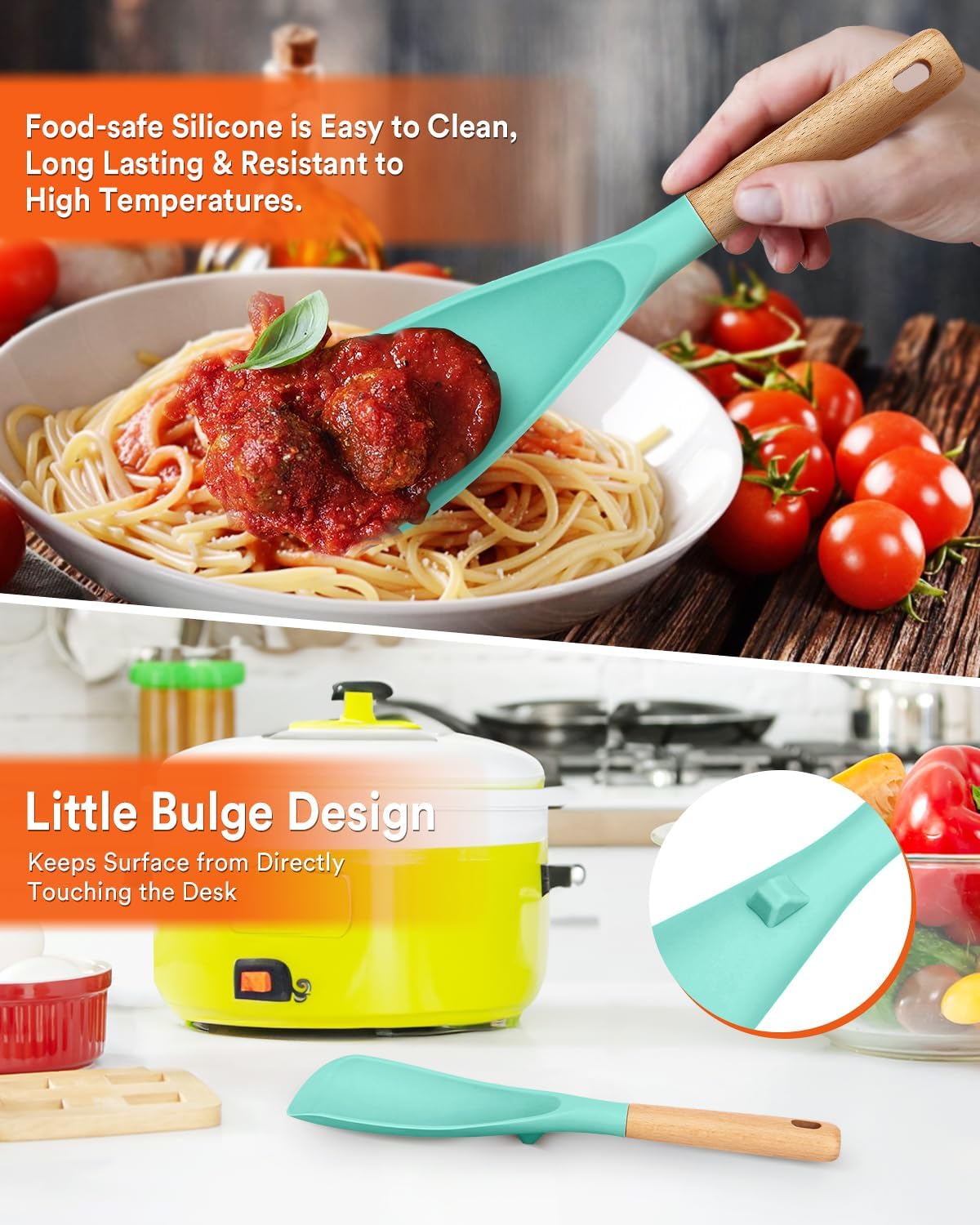 Cooking Spoon and Rice Scooper for Nonstick Cookwares, Great for Cooking and Serving Sturdy BPA-Free Matte Silicone, Wood Handle Spoon for Mixing, Scoop, and Scrape (GREEN)