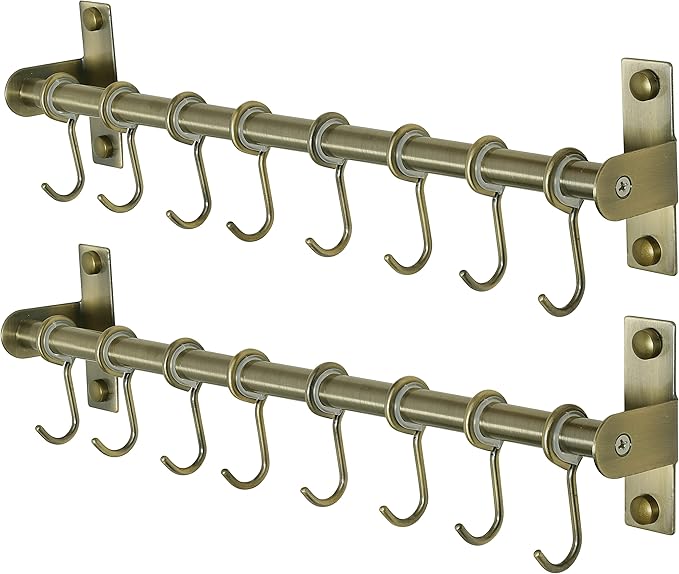 Dseap Kitchen Hooks for Hanging Utensils, Hanging Pot Rack, Kitchen Utensil Hanger Rail with 8 Hooks for Pots Pans, Spoons, Mugs, Wall Mounted, Stainless Steel, Bronze, Pack of 2