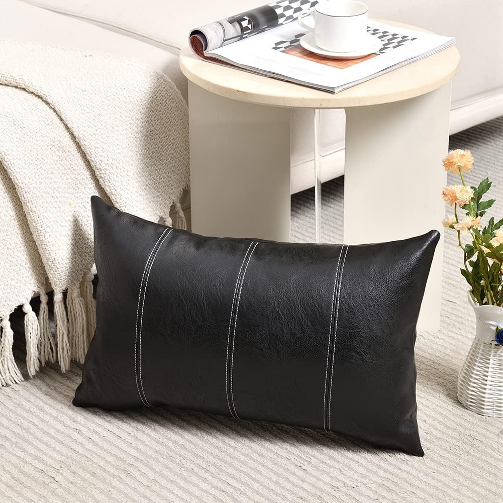 Fancy Homi Black Long Lumbar Faux Leather Decorative Throw Pillow Covers 12x24 Inch for Living Room Couch Bed Sofa, Boho Farmhouse Home Decor, Hand Stitched Rectangle Cushion Case 30x60 cm