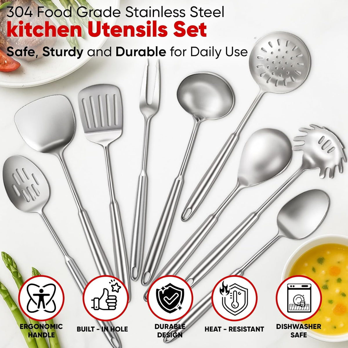 Newness 9 Pcs Cooking Utensils Set, 304 Stainless Steel Kitchen Utensils Set, Metal Kitchen Accessories, Include Soup Ladle, Slotted Skimmer Spoon, Spaghetti Spoon and Spatula, Dishwasher Safe
