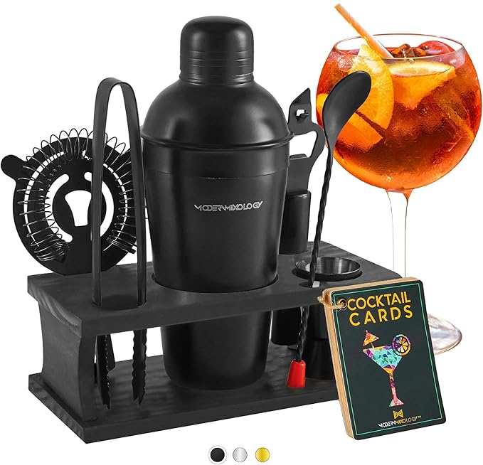 Modern Mixology Cocktail Shaker Set - Bartender Kit with Pine Stand | Leak-Proof Design | Includes Martini Shaker, Jigger, Strainer, Spoon, Tongs | Perfect Bar Tools Gift for Home Mixology (Black)