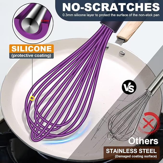 Silicone Whisk, Eddeas Whisk Non-Scratch Coated Whisks set of 3-Heat Resistant(450°F) Kitchen Wisk, Balloon Egg whisk Perfect for Blending, Whisking, Beating & Stirring, Purple