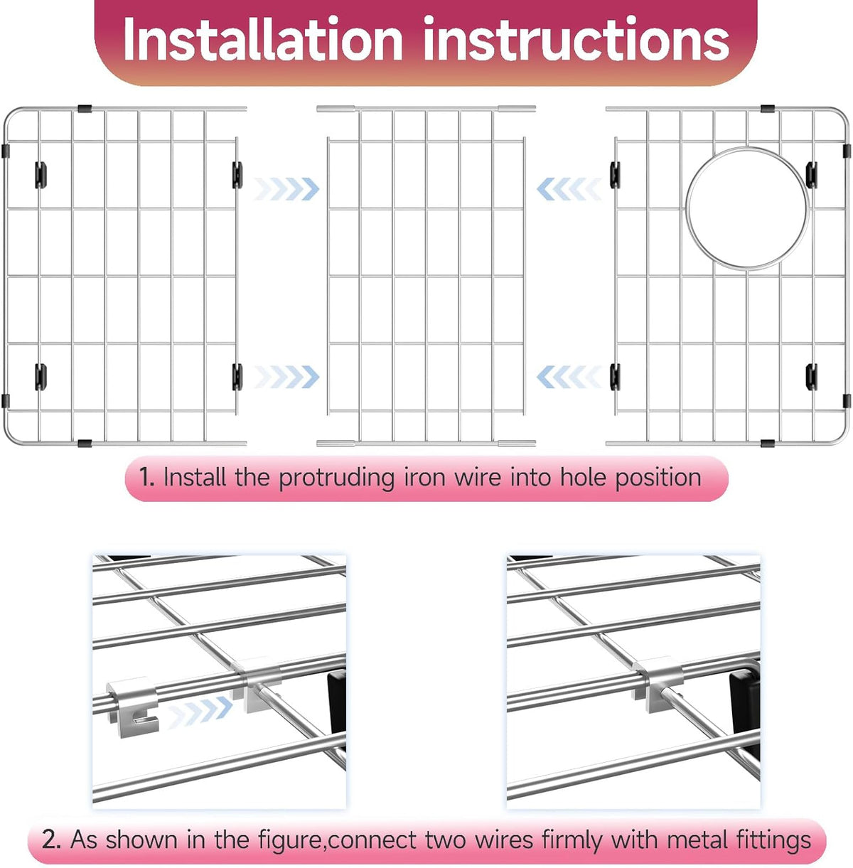28-1/4" x 14-1/4" x 1-1/4" Stainless Steel Sink Rack for Bottom of Sink, Metal Sink Protectors For Kitchen Sink, Sink Grid, Sink Bottom Grid with Side Drain, Kitchen Sink Grid with Sink Strainer