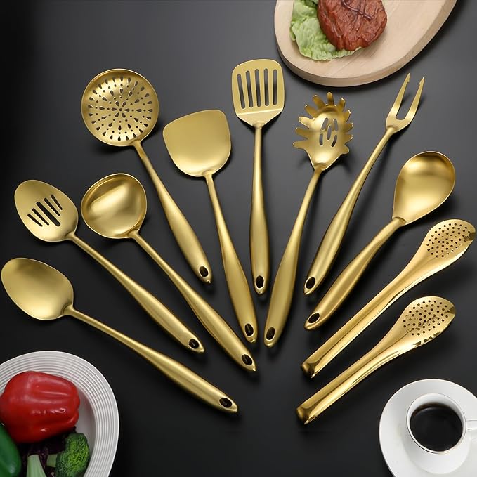 304 Stainless Steel Matte Kitchen Utensils Set, 11 Pcs Long Metal Cooking Utensils Set, Gold Cooking Utensils Set, Dishwasher Safe