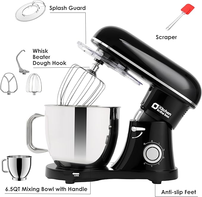 Kitchen in the box Stand Mixer - 6.5 Quart Mixing Bowl with Handle, 900 Watt Heavy Bread Dough Standing Mixers Tilt-head with Dough Hook, Whisk, Flat Beater and Splash Guard (Black)