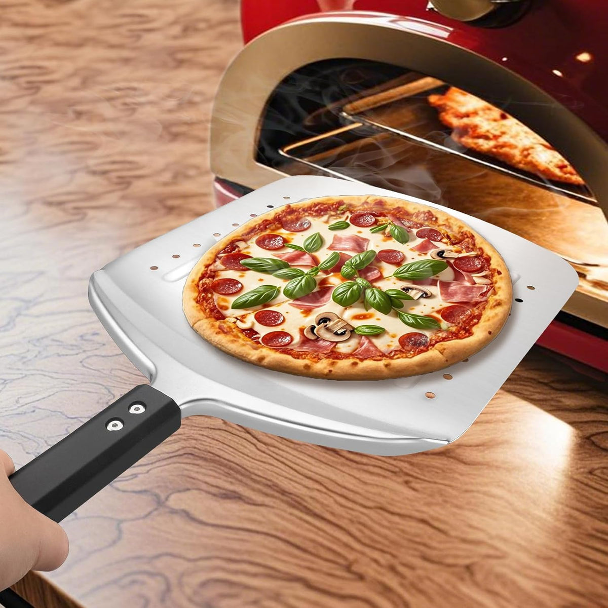MANJIA Perforated Pizza Peel – 12 inch Aluminum Pizza Paddle with Rocker Cutter Storage Bag – Lightweight Nonstick Metal Pizza Paddle Set for Homemade Baking Pizza Oven & Stone (silver)
