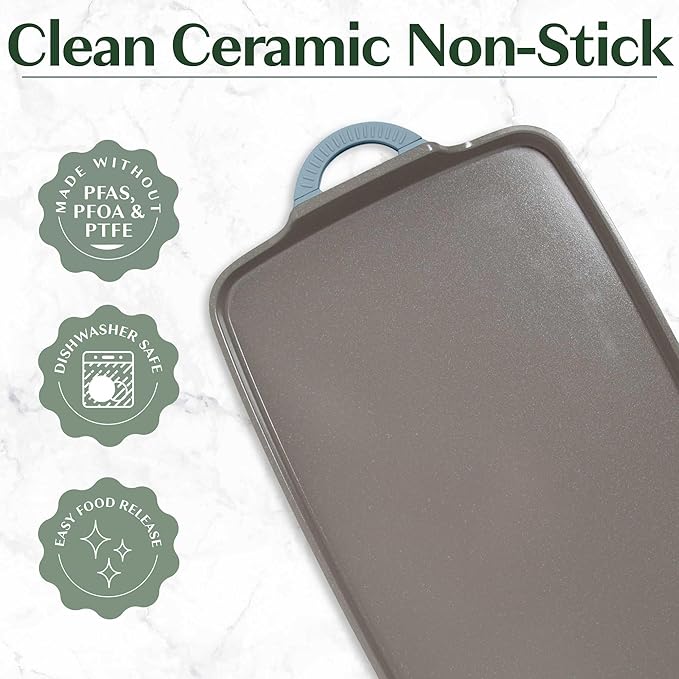 Goodful All-in-One Double Burner Griddle, Ceramic Nonstick, Durable Cast Aluminum, Oven Safe and Dishwasher Safe, Made without PFAS, PFOA, PFOS & PTFE, 18-Inch x 11-Inch, Blue Mist