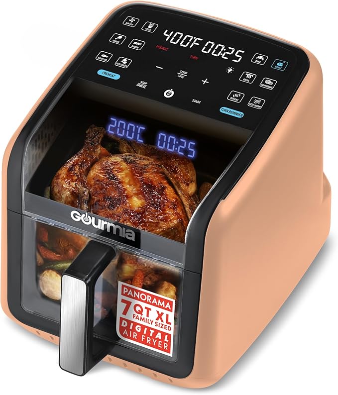 Gourmia Air Fryer 7 QT - Easy View Panorama Window & Interior Light, Guided Cooking with 12 One-Touch Presets, FryForce 360, Dishwasher Safe Accessories, Peach