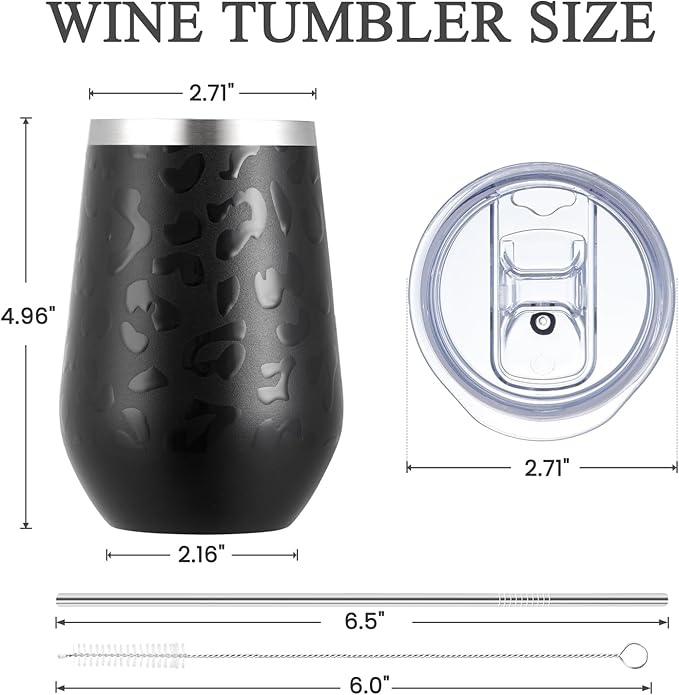 MEWAY 12oz Insulated Wine Tumbler with Press-In Lid, Double Wall Vacuum Stainless Steel Travel Tumbler with Straw, for Coffee and Drinks, Gift for Woman Under 10 dollars(Black Leopard,Set of 4)