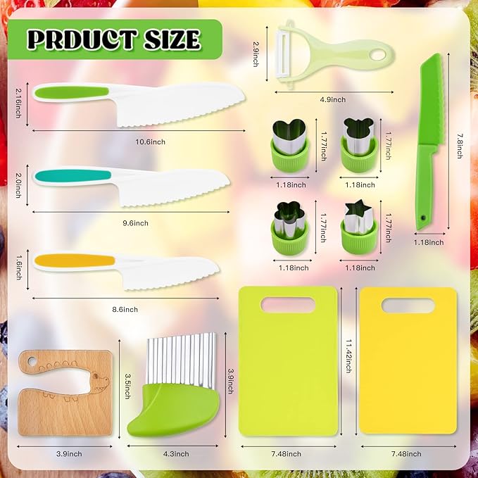 Montessori Kids Knives for Real Cooking, 13 Pieces Wooden Kids Kitchen Knife Set Include 4 Serrated Edges Plastic Toddler Knife,Crinkle Cutter Y Peeler Cutting Boards and Wood Toddler Safe Knife