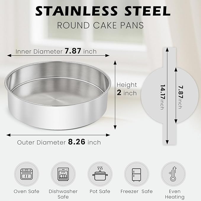 8 Inch Cake Pan - 3PCS Stainless Steel Round Layer Cake Baking Pans with 100 PCS Parchment Paper, Round Bakeware for Party Birthday Wedding, Mirror Finish & Dishwasher Safe