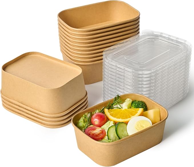 JOLLY CHEF 25 oz 50 Pack Paper Meal Prep Containers with Lids, Rectangular Disposable Food Containers, Brown Paper Bowls with Lids for Thanksgiving, Christmas, Parties