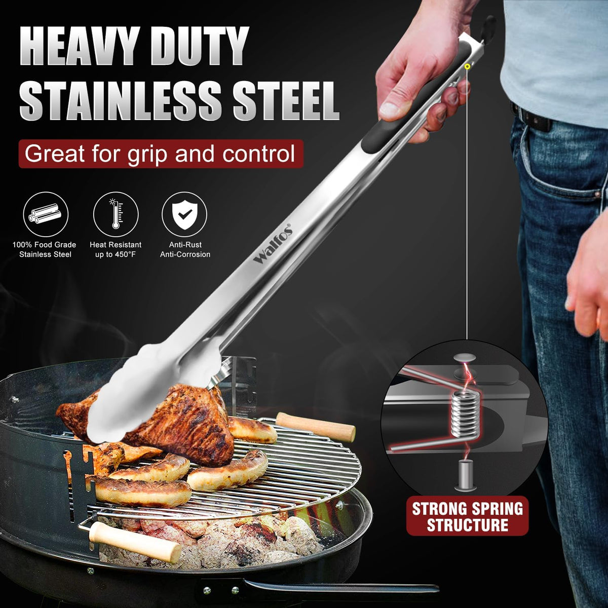 Walfos 17 Inch Extra Long Grill Tongs, Ultimate Stainless Steel BBQ Tongs for Grilling, Cooking, BBQ/Barbecue, Buffet and Turning Food