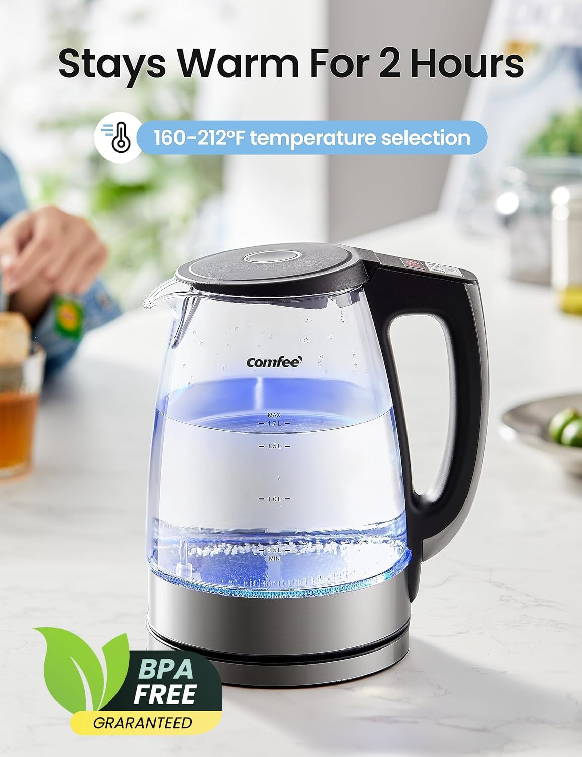 COMFEE' 1.7L Glass Tea Kettle and Kettle Water Boiler - Electric Kettle Temperature Control with 6 Presets, 2-Hr Keep Warm, Fast Heating, 304 Stainless Steel, Auto-Off and Boil-Dry Protection