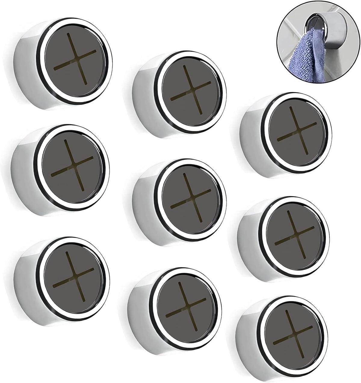 9 Pieces Kitchen Towel Hooks Round Adhesive Dish Towel Hook Premium Chrome Finish & Easy Installation Wall Mount Hand Towel Hook Ideal as Bathroom, Shower or Outdoor Towel Holders