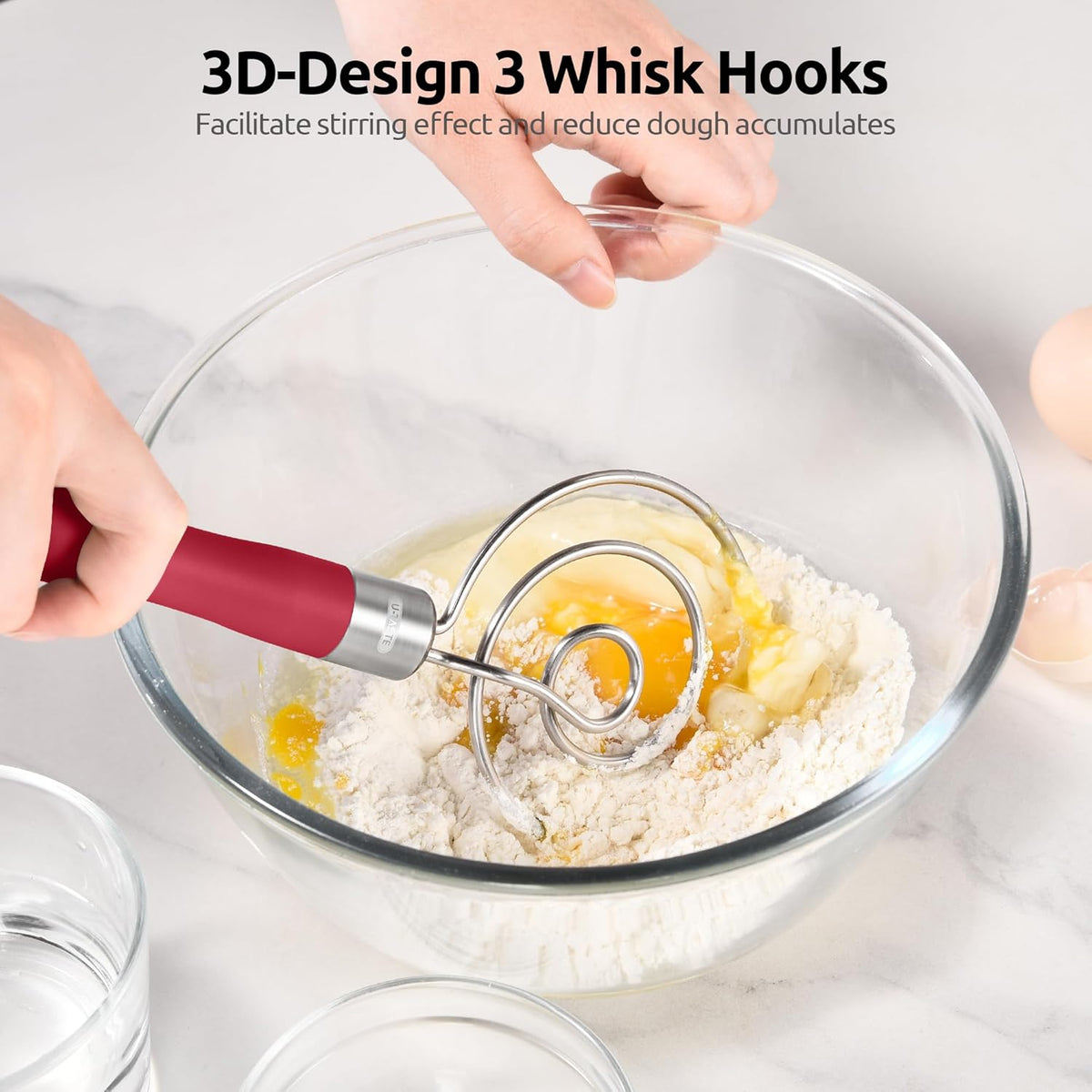 U-Taste 12.6in Danish Dough Whisk: 18/8 Stainless Steel Heavy-Duty Sourdough Mixer Tool, Food Grade Dutch Style Seamless Bread Wisk, Sturdy for Mixing, Stirring, Pressing, Kneading Thick Batter (Red)