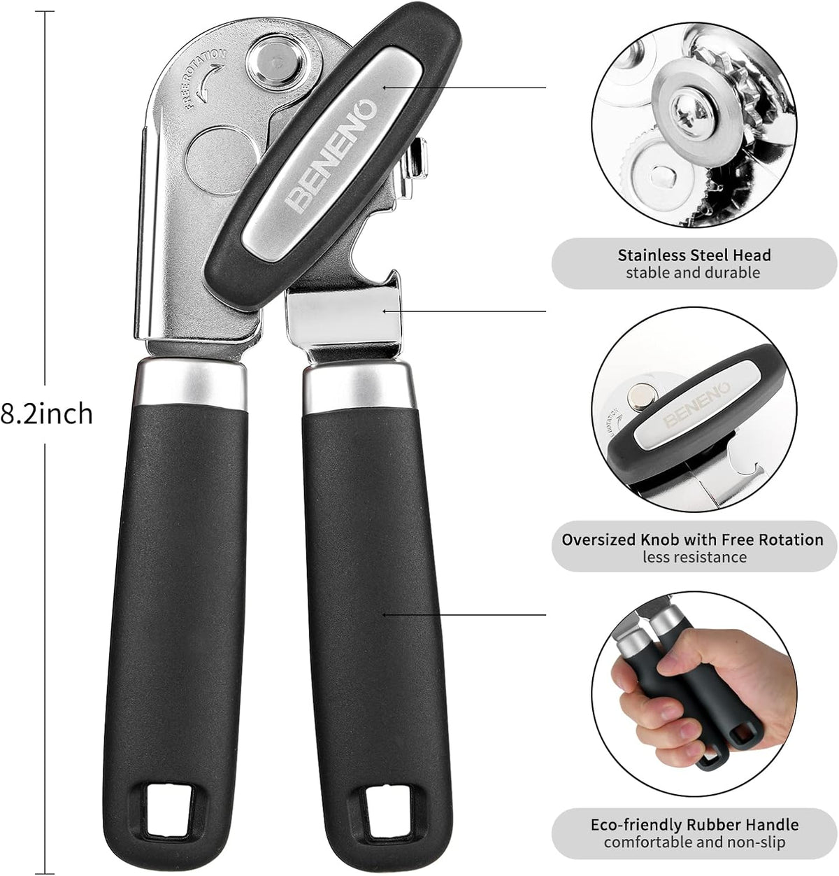 Beneno Can Opener Manual with Magnet, Hand Held Heavy Duty Can Opener with Durable Sharp Blade Smooth Edge, Big Effort-Saving Knob, Soft Grip Rubber Handle, Multifunctional Bottle Opener, Black