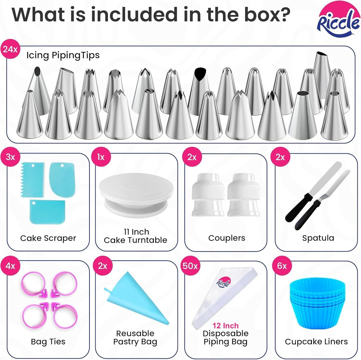 Riccle 94 pcs Cake Decorating Kit with Cake Turntable - Includes 50pcs 12 Inch Disposable + 2 Reusable Piping Bags and Tips Set, 24 Icing Piping Tips, 2 Spatulas, 3 Icing Comb Scraper, 6 Cake Liners