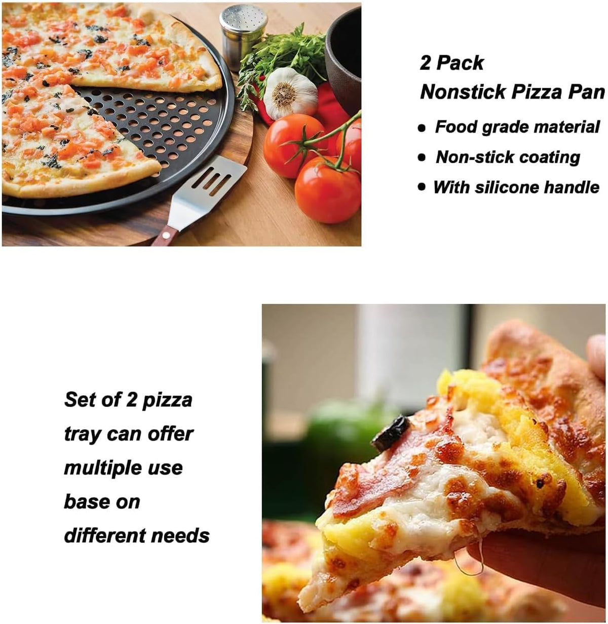 13 Inch Pizza Pan for Oven (2 Pack) Round Pizza Pan with Holes - Non-Stick Carbon Steel Pizza Tray with Silicone Handles - for Cooking, Baking, and Grilling - Dishwasher Safe