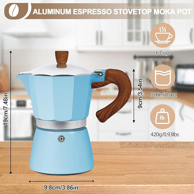 Aluminum 6 Cup 300ml Moka Pot Express Coffee Maker Stovetop Espresso Colorful Coffeemaker Italian Classic Style Brewing Greca Cafe Mocha Machine for Cafeteras Lover Camping Travel and Home Use 10oz
