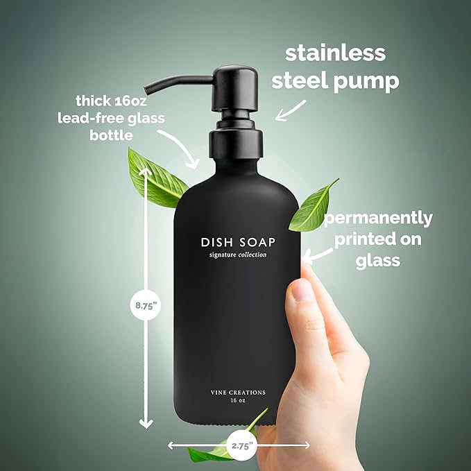 Vine Creations Black Glass Soap Dispenser Set, Dish Soap and Hand Soap Dispenser Set with Stainless Steel Pump, 16 oz Glass Dispensers for Kitchen Bathroom Decor (Matte Black Bottle/Matte Black Pump)