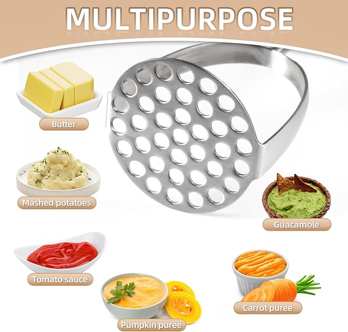 Potato Masher Stainless Steel,Wooden handle Potatoes Smasher, Manual Mashed Potato Masher Kitchen Tool for Avocado,Potatoes, Vegetables, 13.5Inch Long handle Large Heavy Duty Metal Mashing Utensil