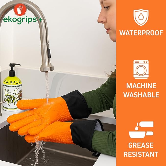 Ekogrips+ Premium Silicone Oven Mitts - Comfy, Waterproof, Heat Resistant BBQ Gloves for Grilling, Long Cuff for Added Protection, 5 Finger Dexterity, 3 Sizes, 4 Colors, S/M, Orange