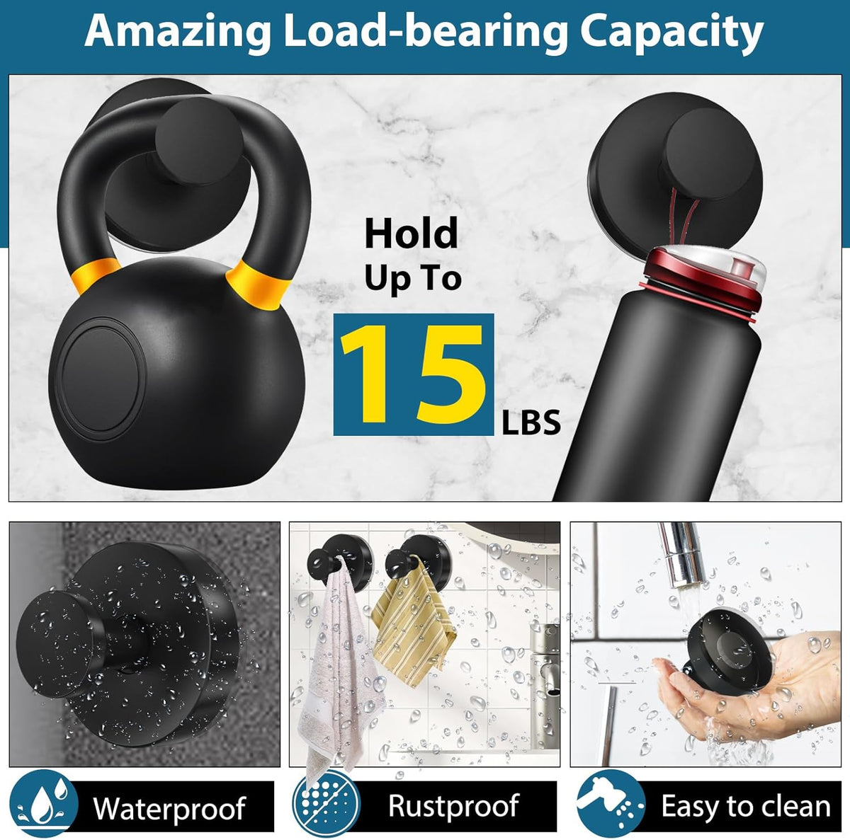 Suction Cup Hooks for Shower, 2 PCS No-Drill Towel Holder for Bathrooms Wall, Glass Door, Mirror, Tiles, Kitchen, Hold Robe & Wreath, Hanging up to 15 lbs – Waterproof & Rustproof, Matte-Black