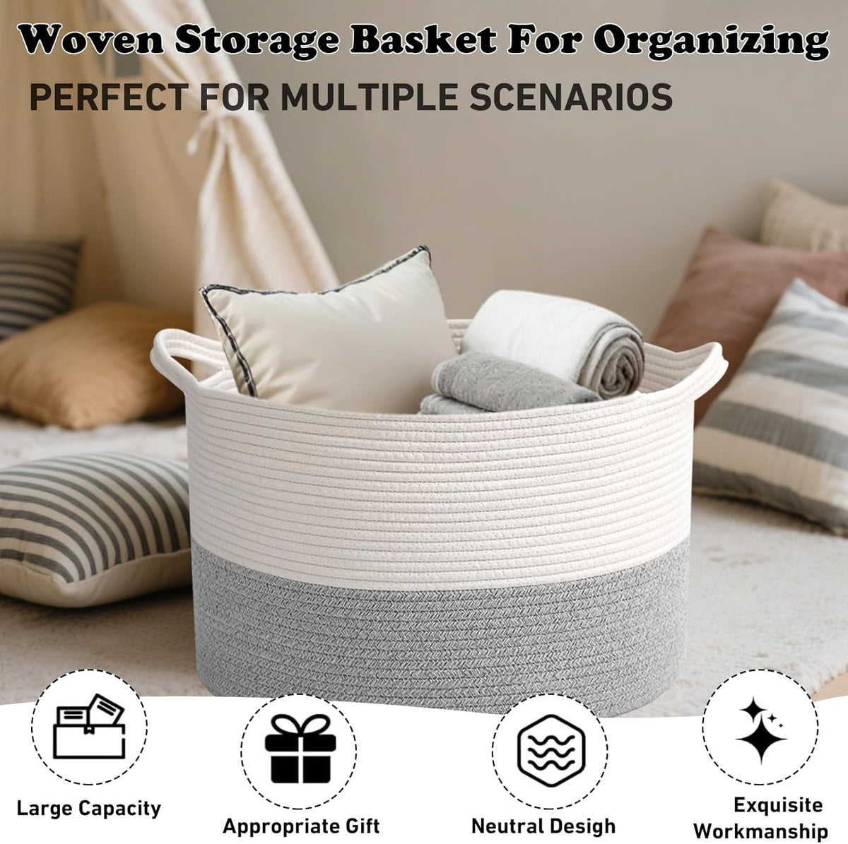Large Blanket Basket for Organizing,115L Closet Organizers and Storage Bins Box for Shelves Woven Rope Storage Baskets,Living Room,Bedroom,Dorm,Laundry room (White&Grey)