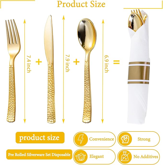 WELLIFE 300PCS Gold Plastic Silverware,Pre Rolled Silverware Set Disposable,Hammer Pattern Design,Plastic Cutlery Includes: 75 Forks, 75 Knives, 75 Spoons, 75 Napkins, Thanksgiving Cutlery