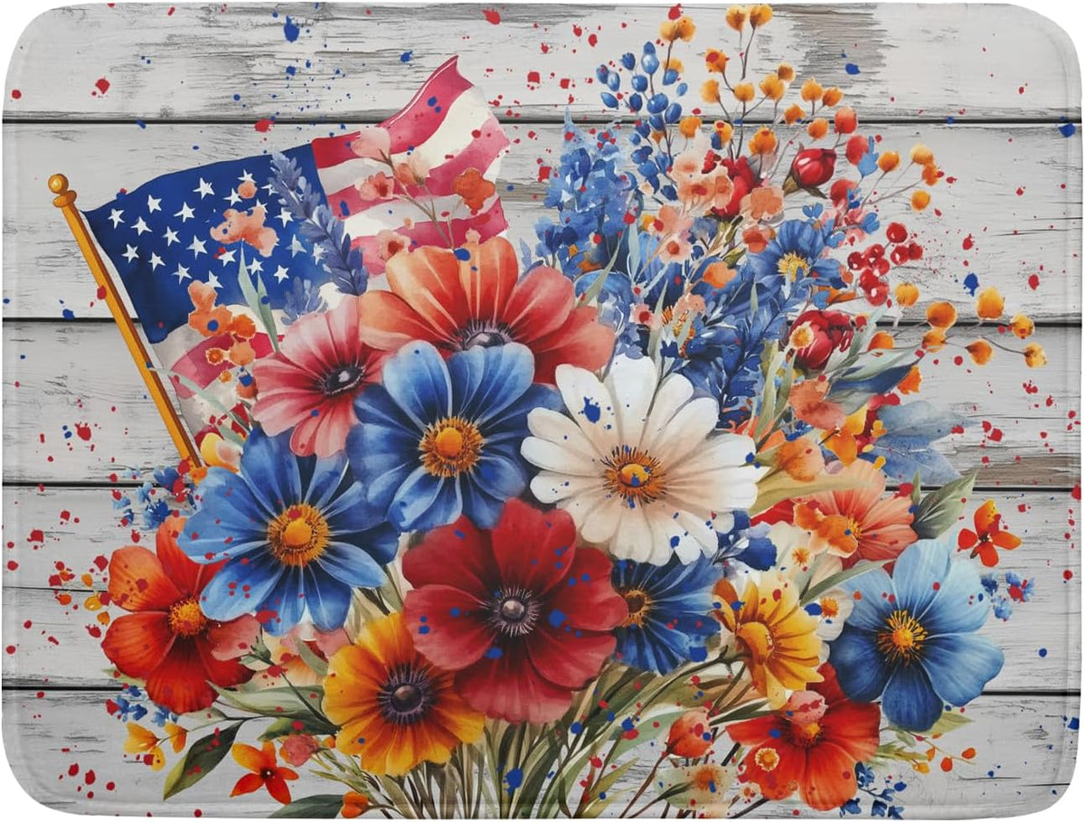 4th of July Dish Drying Mat 18x24 inch Patriotic Floral Fast Dry Microfiber Reversible Dish Drainer Rack Pad Kitchen Counter Accessories