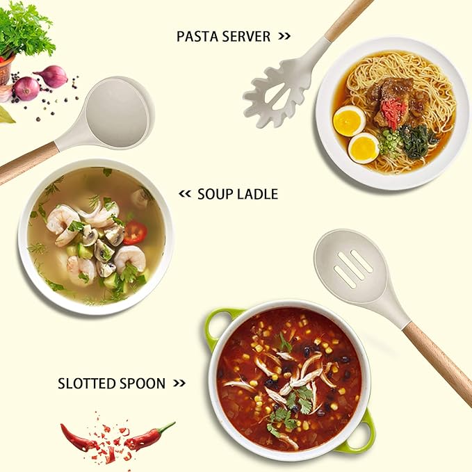 MIBOTE Silicone Cooking Kitchen Utensils Set with Holder, Wooden Handles BPA Free Non Toxic Silicone Turner Tongs Spatula Spoon Kitchen Gadgets Utensil Set for Nonstick Cookware (Khaki)