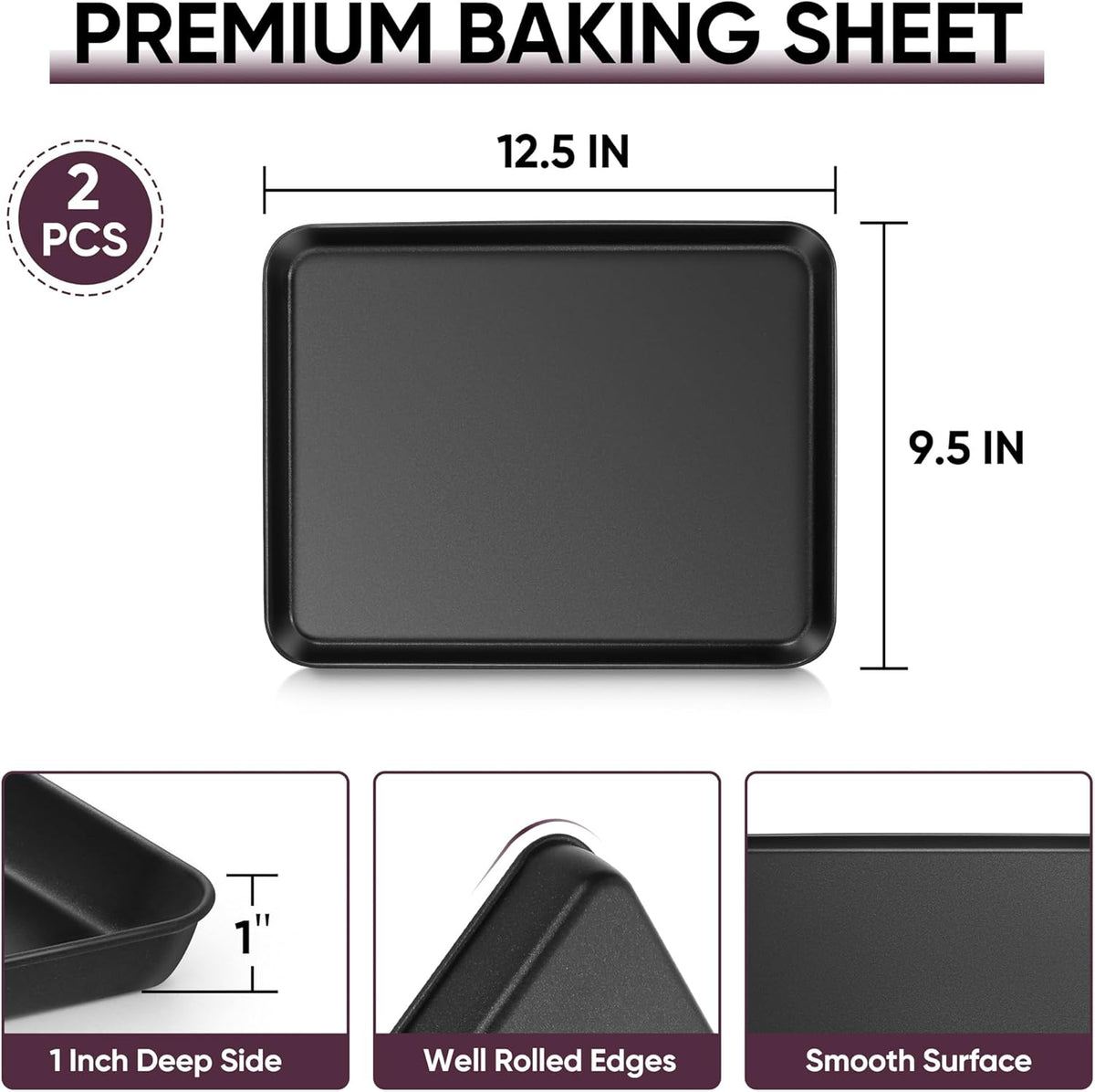 E-far Baking Sheet Set of 2, 12.5" x 9.5" x 1" Cookie Sheet Pan for Baking, Nonstick Carbon Steel Baking Trays for Oven, Heat-Resistant & Easy Clean, Black